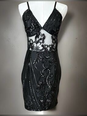 PrettyLittleThing Black Sequin Mesh Strappy Bodycon Mini Dress Size 4